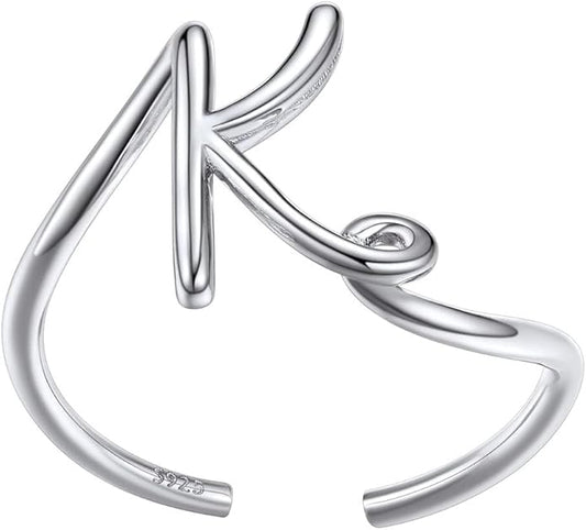SILVERCUTE S925 Initial Rings, Adjustable Size 6-12 Statement Alphabet Letter A-Z Jewelry Personalized Twisted Initials Rings Sterling Silver Stacking Ring for Women