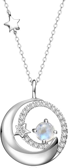 FANCIME Birthstone Necklaces 925 Sterling Silver Moon and Star Pendant Fine Jewelry Birthday Mothers Day Gifts for Mom Wife Her Daughter, Adjustable Chain 16+2"