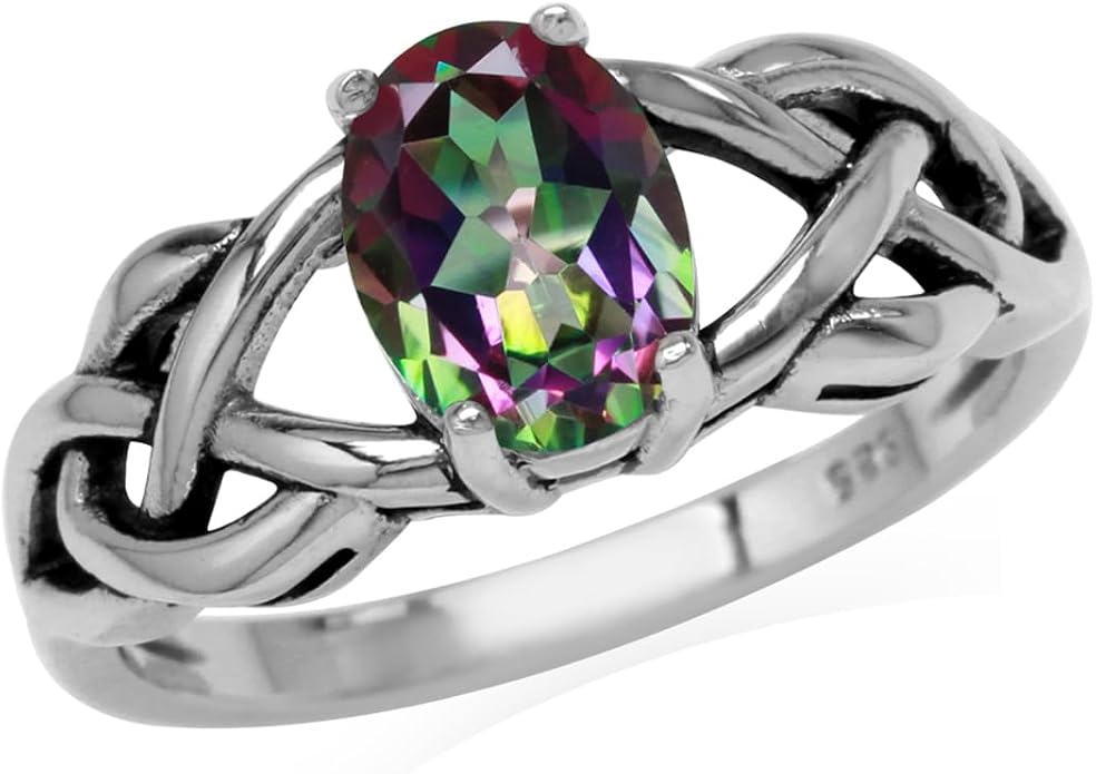 Silvershake 8X6mm Oval Shape Birthstone Gemstone Antique Finishing or Yellow Gold Plated 925 Sterling Silver Celtic Knot Weave Solitaire Ring Jewelry for Women