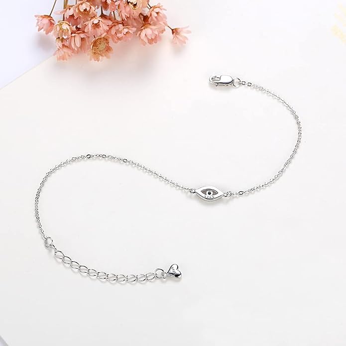 Hamsa Evil Eye Bracelet 925 Sterling Silver Cubic Zirconia Anklet for Women Chain Adjustable 6.3in+1.6in
