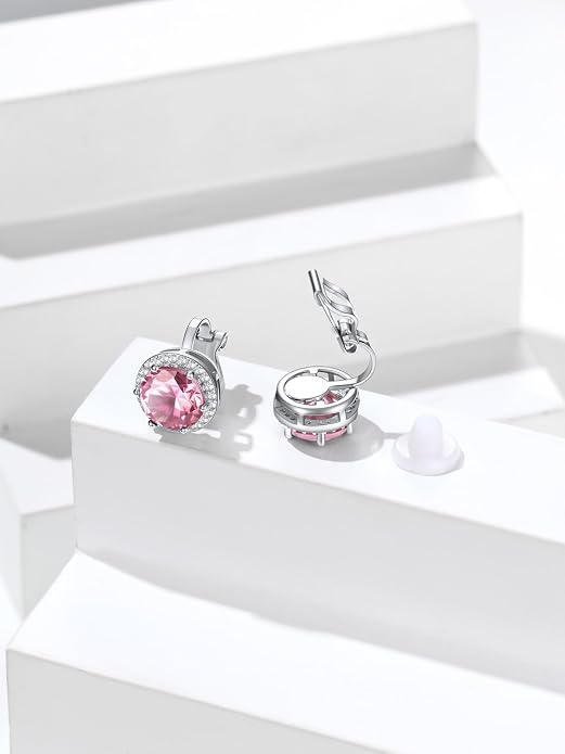 Silvora 925 Silver 8MM Cubic Zirconia Birthstone Clip On Stud Earrings Round Non Pierced Earrings For Women,Come with Box