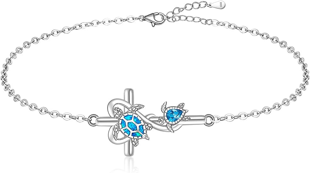 Fenthring Turtle Anklet S925 Sterling Silver Blue Opal Sea Turtle Ankle Bracelets for Women Infinity Wave Ocean Beach Summer Foot Bracelet Jewelry Layered Adjustable