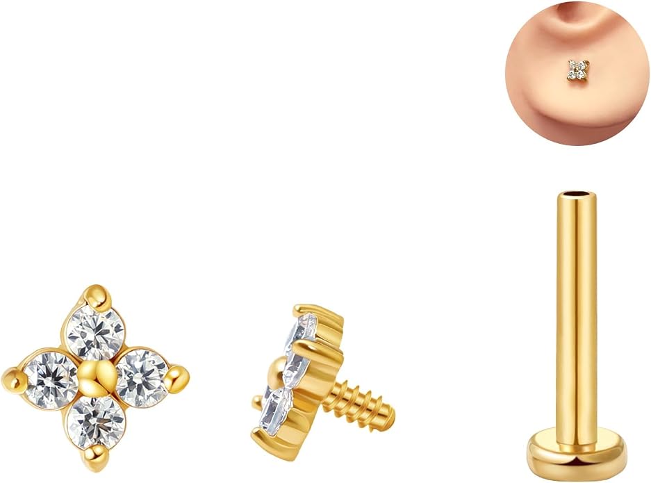 FANSING CZ Flower Internally Threaded Flat Back Earring Labret Stud for Cartilage Tragus Helix Conch