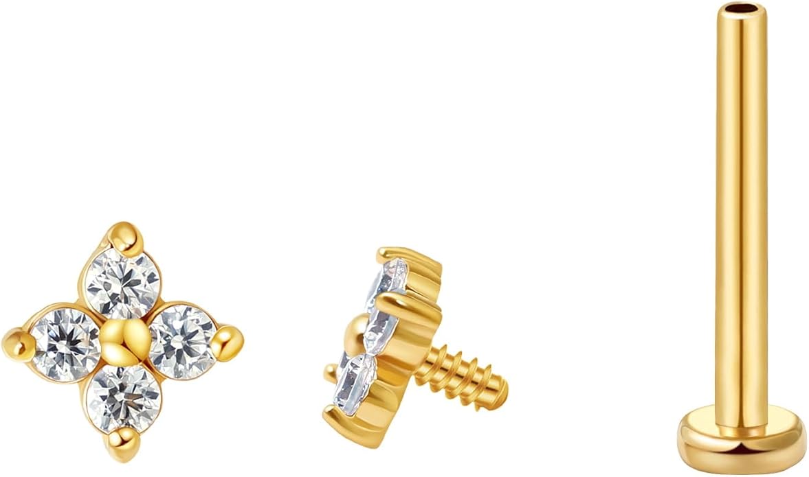 FANSING CZ Flower Internally Threaded Flat Back Earring Labret Stud for Cartilage Tragus Helix Conch