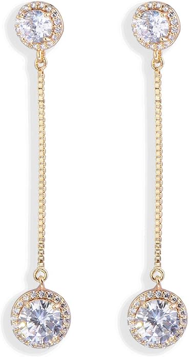 Crystal Linear Drop Earrings - Womens Sterling Silver Round Cubic Zirconia CZ Diamond Rhinestone Long Chain Dangle Earrings Bridal Drop Earrings for Wedding Bride Bridesmaids