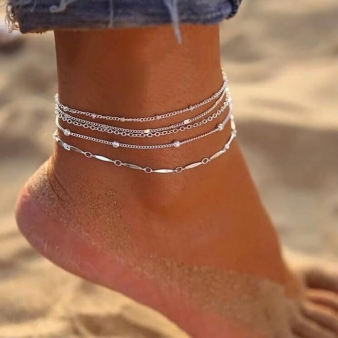 Silver/Gold Anklets for Women, Sterling Silver Evil Eye Ankle Bracelets for Women Trendy Dainty Waterproof Anklets Set Adjustable Layered Anklet Bracelets for Women Silver Jewelry Gift