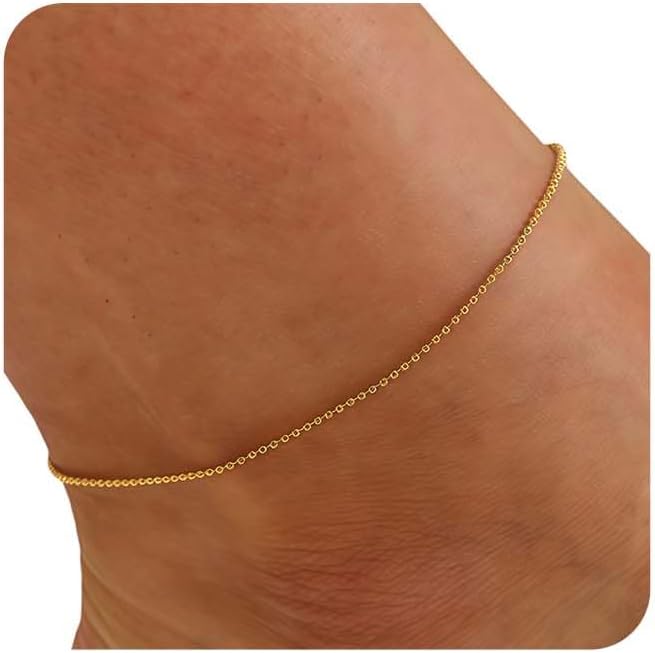Dainty Ankle Bracelets for Women 18K Gold Plated Satellite Beaded Herringbone Lip Chain Anklets Simple Minimalist Summer Beach Foot Jewelry Christmas Gifts