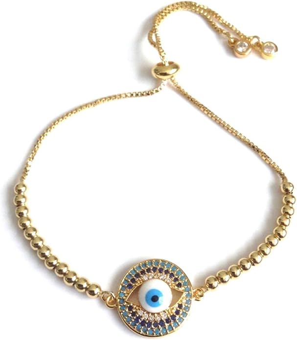 SIFRIMANIA Evil Eye Adjustable Sliding Bead Shiny Bracelet Lucky Charms Jewelry for Women of All Ages