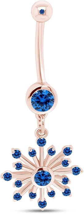 AFFY Snowflake Belly Button Ring for Women Simulated Birthstone, Round Cut Gemstone in 14K Gold Over 925 Sterling Silver, Navel Barbell Piercing Jewelry for Her