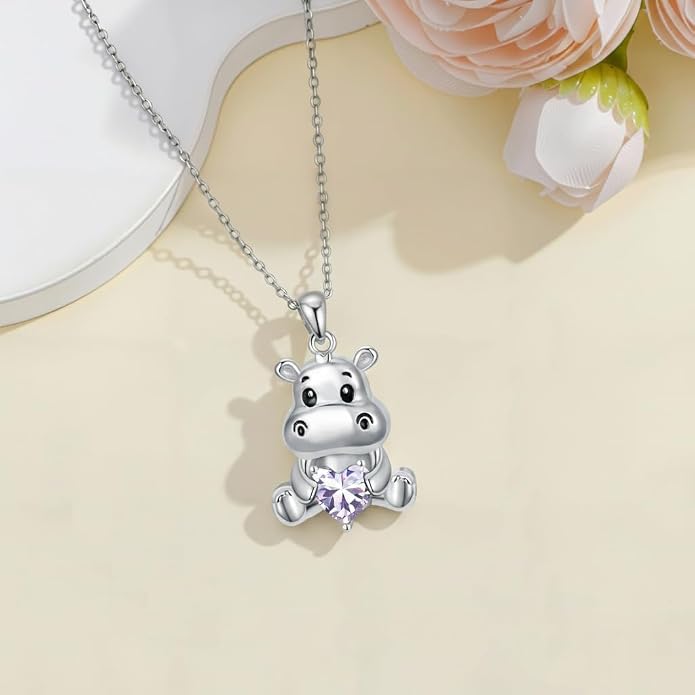 PROESS Animal Birthstone Necklace 925 Sterling Silver Otter/Axolotl/Hippo/Elephant/Dachshund/Monkey/Red Panda Pendant Necklace Animal Birthstone Jewelry Gifts for Women