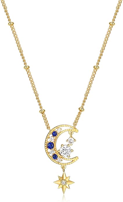 Miss mimi CZ Pendant Necklace, Golden Yellow Princess Cut or Crescent Moon, 18K Gold Plated, Adjustable 16” or 18 + 2”in Chain, Celestial & November Birthstone Citrine Style