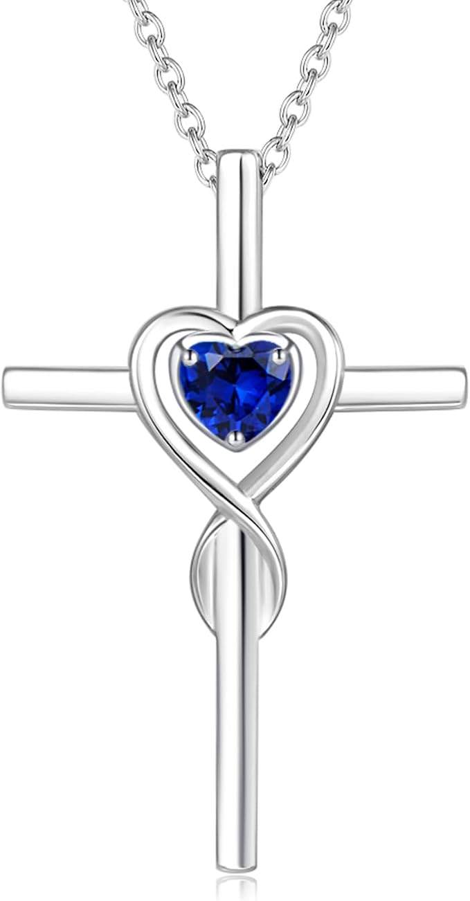 FANCIME Birthstone Cross Necklace for Women Birthstone Necklace Heart Infinity Cross Pendant Necklace Fine Jewelry Christmas Birthday Holiday Gifts for Her, 16"+2" Inches