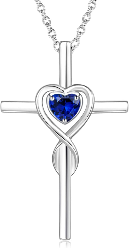 FANCIME Birthstone Cross Necklace for Women Birthstone Necklace Heart Infinity Cross Pendant Necklace Fine Jewelry Christmas Birthday Holiday Gifts for Her, 16"+2" Inches
