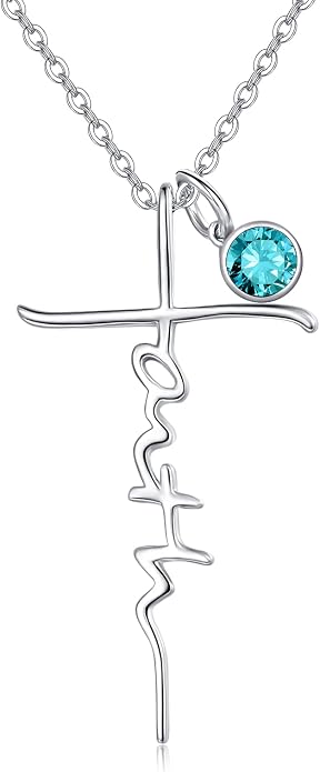 PRAYMOS Faith Cross Necklace for Women 925 Sterling Silver Pendant Necklace With Birthstone Initial Christian Religious Confirmation Baptism Mothers Day Gifts