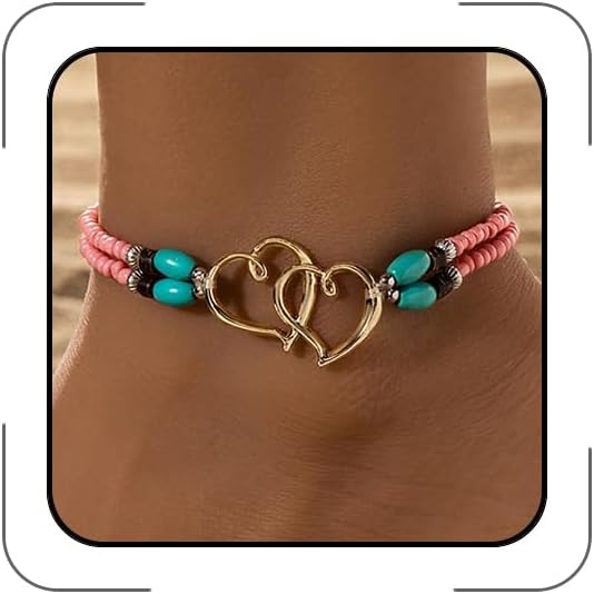 Elastic Beaded Ankle Bracelets for Women Double Heart Layered Stretch Ankle Bracelets Waterproof Dainty Boho Beaded Anklets for Summer Beach Foot Jewelry