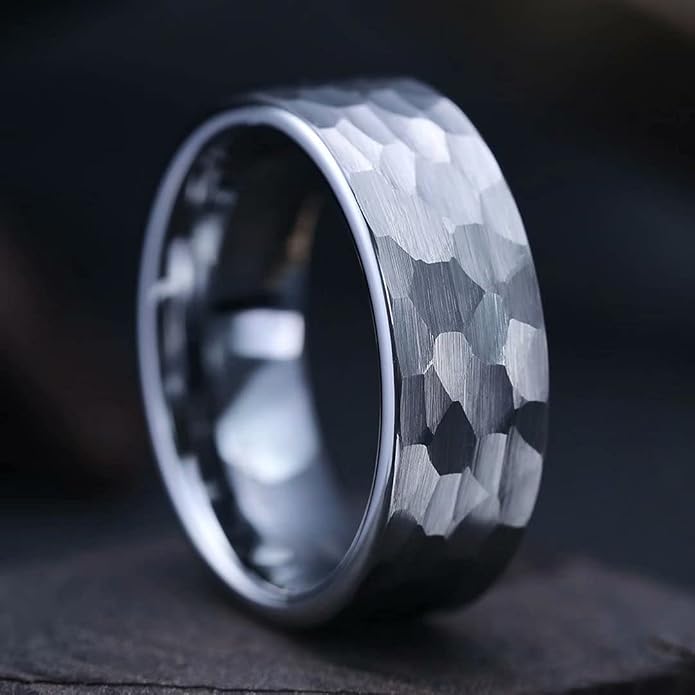 King Will Hammered 8mm Silver Tungsten Ring Hammer Men Wedding Band Comfort Fit