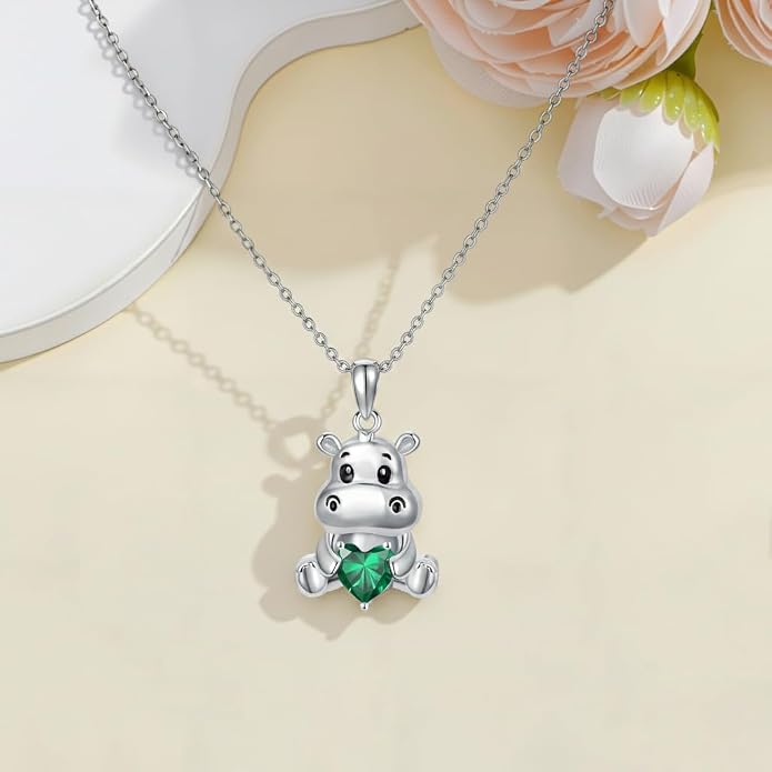 PROESS Animal Birthstone Necklace 925 Sterling Silver Otter/Axolotl/Hippo/Elephant/Dachshund/Monkey/Red Panda Pendant Necklace Animal Birthstone Jewelry Gifts for Women