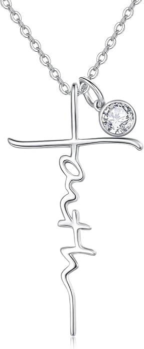 PRAYMOS Faith Cross Necklace for Women 925 Sterling Silver Pendant Necklace With Birthstone Initial Christian Religious Confirmation Baptism Mothers Day Gifts