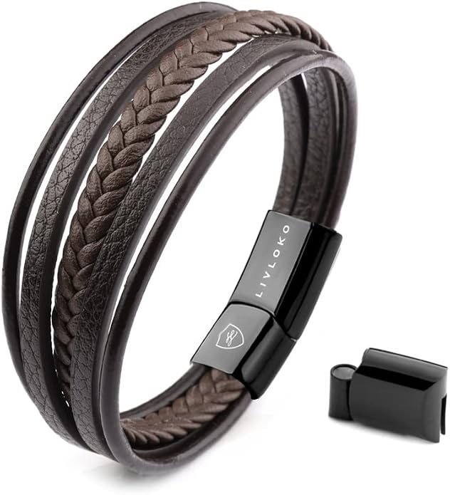 LONDON Mens Bracelet Leather Black Multi-Layer Stone Beads Adjustable Steel Clasp Viking Rope Bands Surfer Man Wristband Male UK Jewellery Gift box Boyfriend Dad Son Brother Tiger Eye