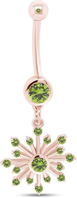 AFFY Snowflake Belly Button Ring for Women Simulated Birthstone, Round Cut Gemstone in 14K Gold Over 925 Sterling Silver, Navel Barbell Piercing Jewelry for Her