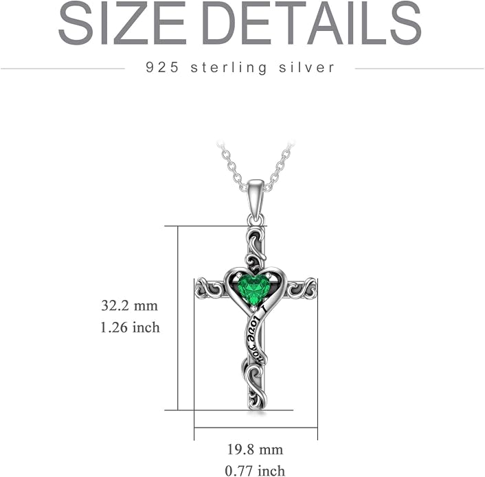 TOUPOP Cross Birthstone Necklace for Women 925 Sterling Silver Heart Cross Pendant I Love You Jewelry Anniversary Birthday Mothers Day Gifts for Mom Wife Her