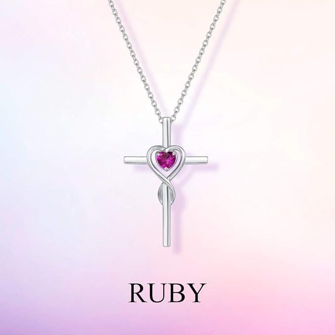 FANCIME Birthstone Cross Necklace for Women Birthstone Necklace Heart Infinity Cross Pendant Necklace Fine Jewelry Christmas Birthday Holiday Gifts for Her, 16"+2" Inches