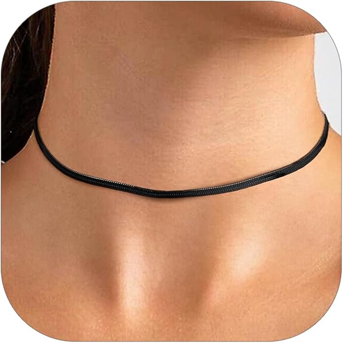 FindChic Black/14K Gold Plated Herringbone Choker Chain Necklace for Women | Waterproof Stainless Steel, Dainty Layering, Flat Snake Chain, Non-Tarnish, Hypoallergenic, Adjustable Extender, Gift Box