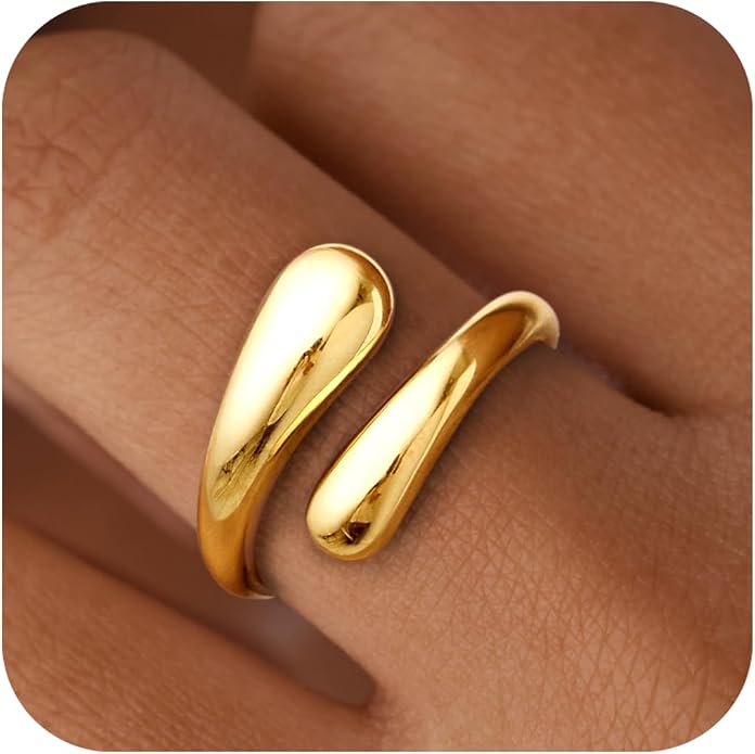 Non Tarnish Gold Chunky Rings for Women, 14K Gold Plated Statement Dome Rings Stacking Silver, Adjustable Mens Eternity Wedding Band Mixed Metal Jewelry Size 3-13