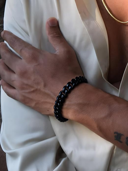ChainsPro Cuban Link Bracelet for Mens, 6/10/14 mm, 19-21CM Length, 18K Gold Plated/316L Stainless Steel/Black-With Gift Box