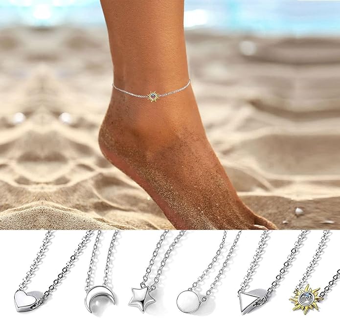 ChicSilver Personalized 925 Sterling Silver Tiny Heart/Moon/Star/Sun/Dot/Triangle Anklets Simple Dainty Foot Jewelry for Women, Silver/Gold Plated/Rose Gold Plated