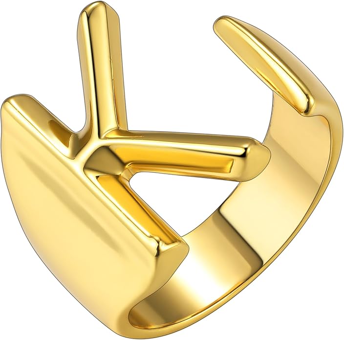 KeyStyle Bold Initial Letter Rings Adjustable, GoldChic Jewelry Women Gold Statement Ring Personalized Engraved Women’s Open Signet Ring for Party (Gold, White Gold, Black)