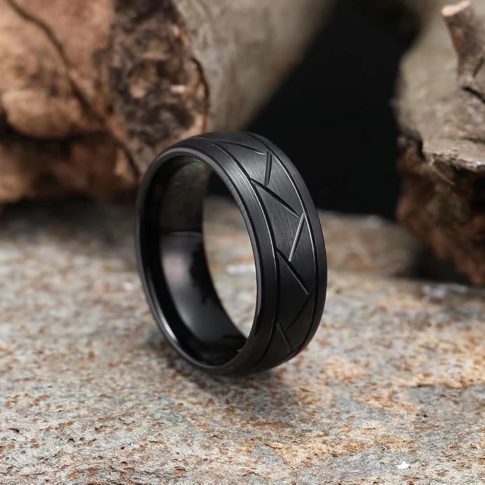 King Will Classic Tungsten Carbide Ring Brushed Two Grooved Center Hammered Design Mens Wedding Band for Men