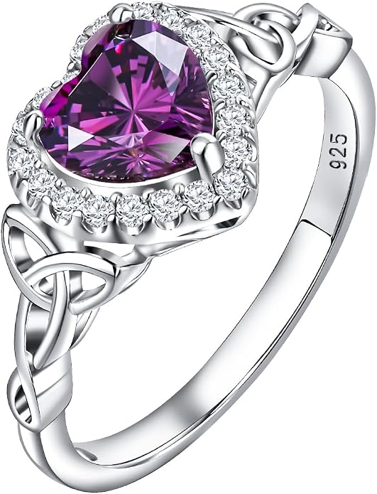 DAYBYDAY Celtic Birthstone Rings for Women 925 Sterling Silver Heart/Round/Pear/Oval Created Gemstone Moissanite Halo Engagement Promise Rings for Her Wife Birthday Anniversary Wedding Jewelry