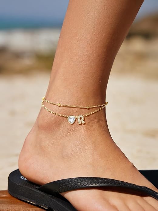 FindChic Silver/14K Gold Plated Layered CZ Initial Ankle Bracelet for Women | Waterproof Stainless Steel, Cubic Zirconia Letter Charm, Non-Tarnish, Hypoallergenic, Adjustable Extender, Summer Jewelry