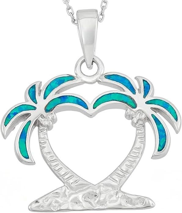 Created Blue Opal Ocean Necklace for Women, 925 Sterling Silver Pendant, 18 Inch Chain, Beach and Sea Life Jewelry Collection