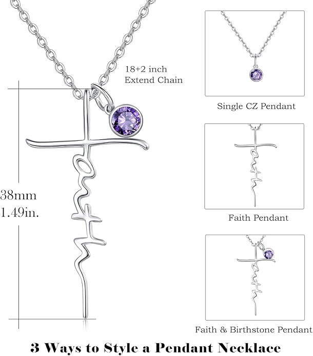 PRAYMOS Faith Cross Necklace for Women 925 Sterling Silver Pendant Necklace With Birthstone Initial Christian Religious Confirmation Baptism Mothers Day Gifts