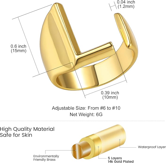 KeyStyle Bold Initial Letter Rings Adjustable, GoldChic Jewelry Women Gold Statement Ring Personalized Engraved Women’s Open Signet Ring for Party (Gold, White Gold, Black)