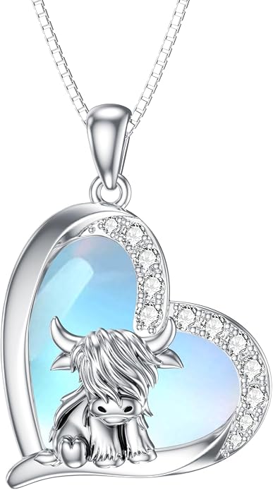 Highland Cow Gifts for Women 925 Sterling Silver Highland Cow Birthstone Necklace Fluffy Cow Jewelry Gifts Birthday Christmas