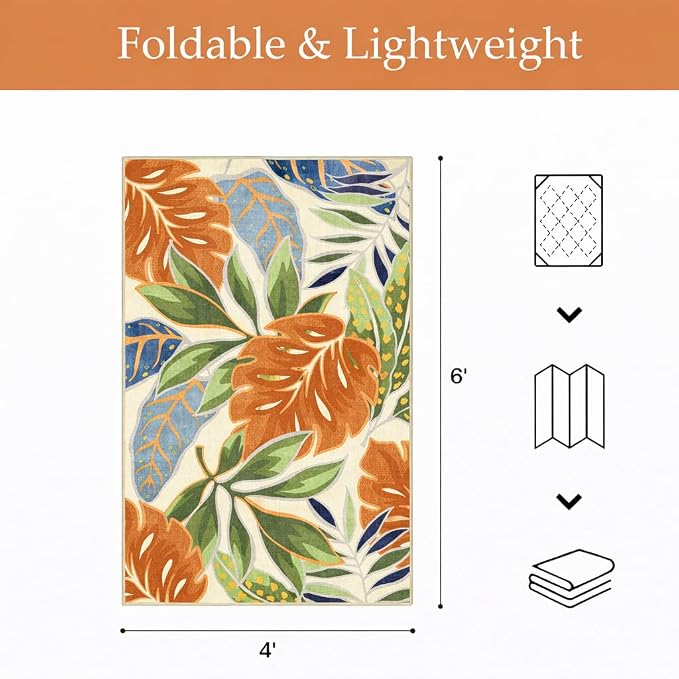 GENIMO 4x6 Outdoor Rug, Washable for Porch and Patio, Rust Sage | Botanical leaf design for balcony; fade resistant chenille with quick-dry non-slip backing for deck and indoor space.