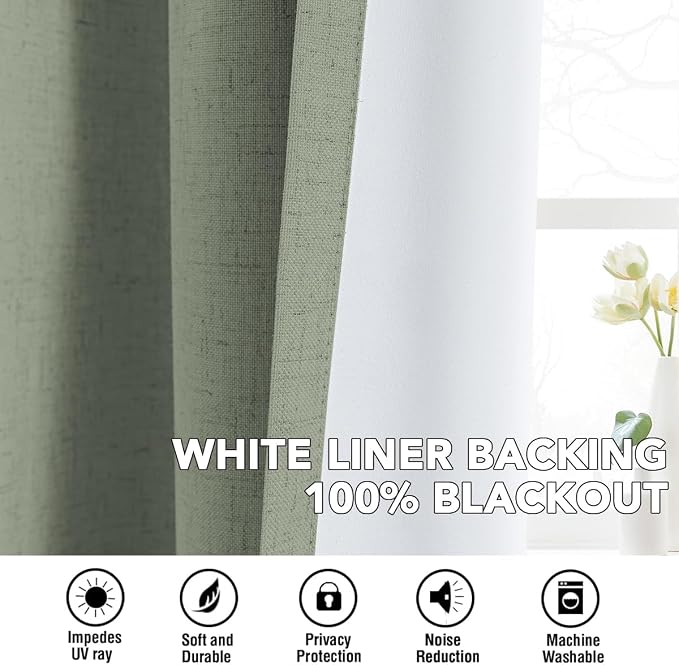 H.VERSAILTEX Linen Curtains 100% Blackout Curtains for Bedroom 90 inch Long Full Light Blocking Nature Linen Blended Window Curtains for Living Room Nickel Grommet (2 Panels, Heathered Dried Sage)
