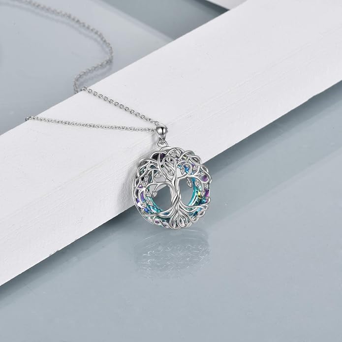POPLYKE Tree of Life Necklace for Women Sterling Silver Celtic Knot Family Tree With Blue/Purple/Volcano Crystal Irish Gifts for Mom Wife Birthday Christmas