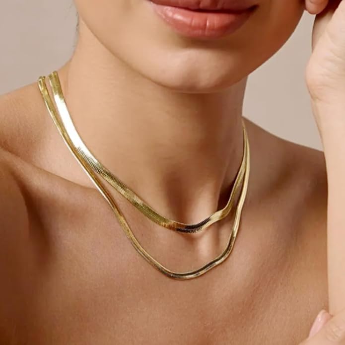 Gold Herringbone Necklace For Women - Rope Chork,Flat Snake Chain Necklaces in 18K Gold & White Gold Plated Tone - Simple Daily Jewelry-Tarnish Free-16-18in