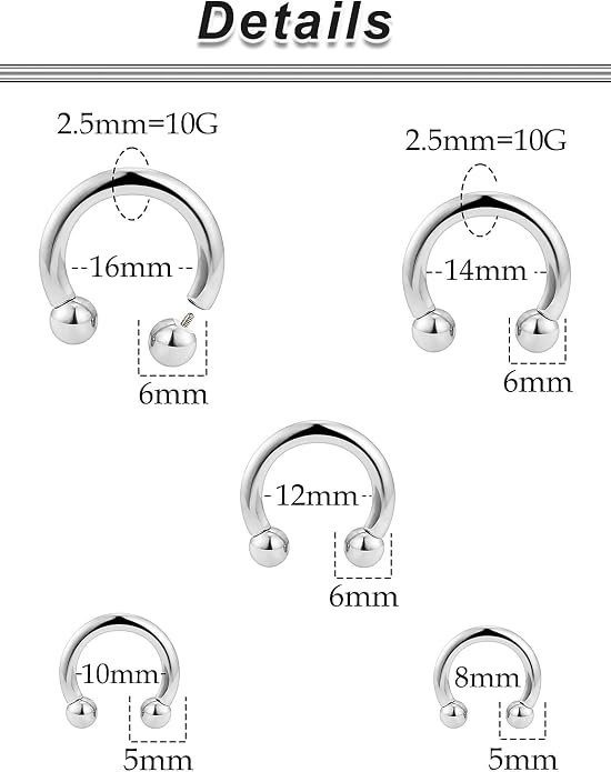 20G-00G Septum Rings Ear Gauges Earrings Stretching Kit 316L Surgical Steel Horseshoe Septum Pa Piercing Jewelry for Women 10mm 12mm 14mm 16mm