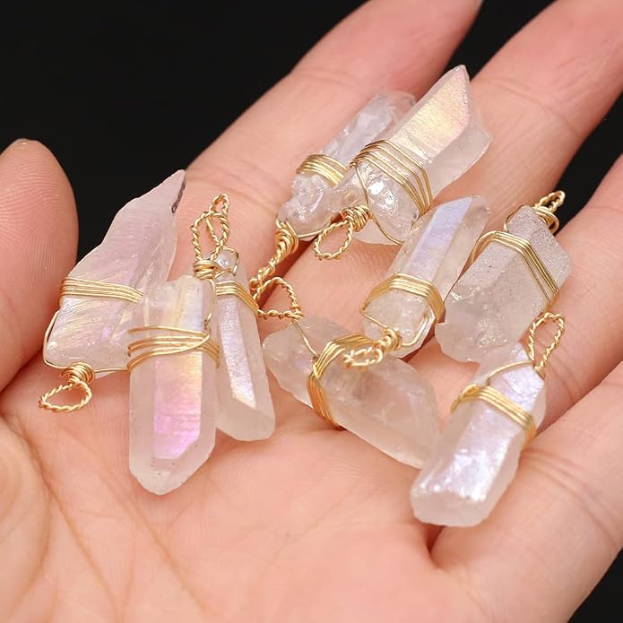 LHJ 7 Pcs Natural White Crystal Stone Pendants Original Raw Irregular Clear Quartz Copper Wire Wrapped Healing Stone Charms for Necklace Bracelet Jewelry Making Yoga Meditation