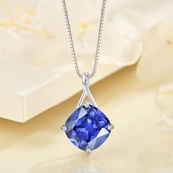 Square Cut Birthstone Necklace for Women Hypoallerg 925 Sterling Silver Cubic Zirconia Necklace Simple Jewelry for Her