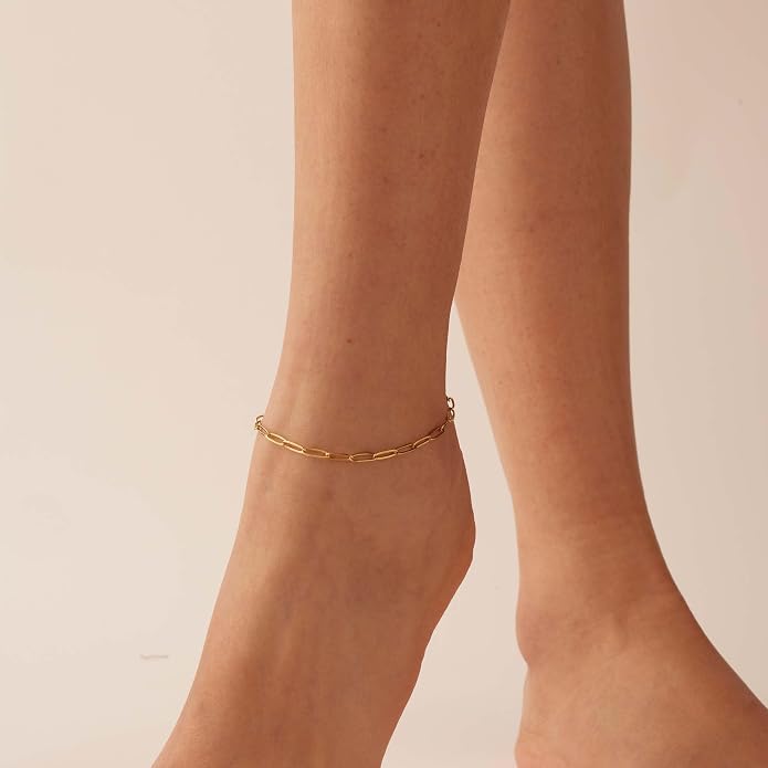 Dainty Ankle Bracelets for Women 18K Gold Plated Satellite Beaded Herringbone Lip Chain Anklets Simple Minimalist Summer Beach Foot Jewelry Christmas Gifts