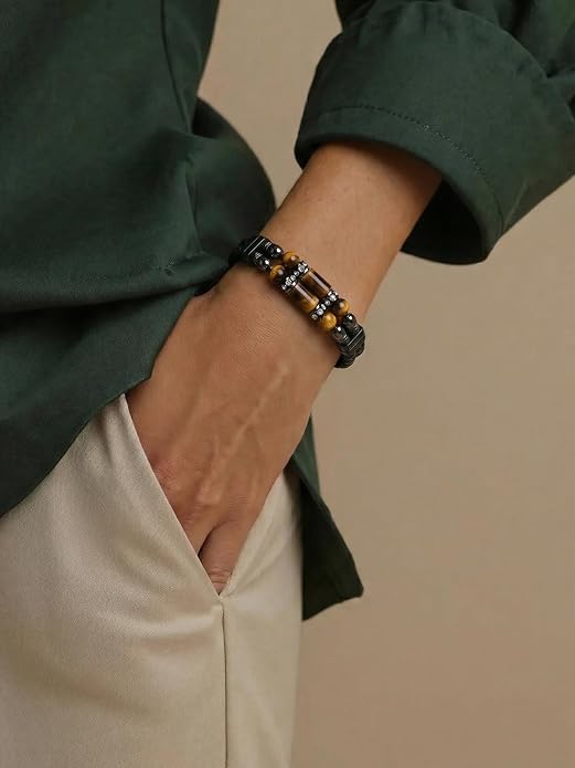 Mens Leather Turquoise/Tiger Eye/Obsidian/Lava Stone Bracelet–Braided Multi‑Layer Wristband Cuff Bangle Barcelet–Jewelry Box and Pouch Packing