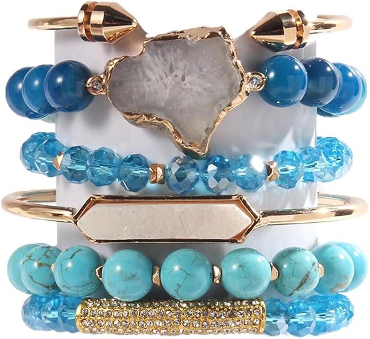 Yomisa 5PCS 6PCS Natural Boho Beaded Bracelets/Bangle for Women Men,Healing Turquoise Jasper Agate Crystal Gemstone Stone Chakra Multilayer Wrap Bohemian Handmade Jewelry Beads Stretch Bracelet Set