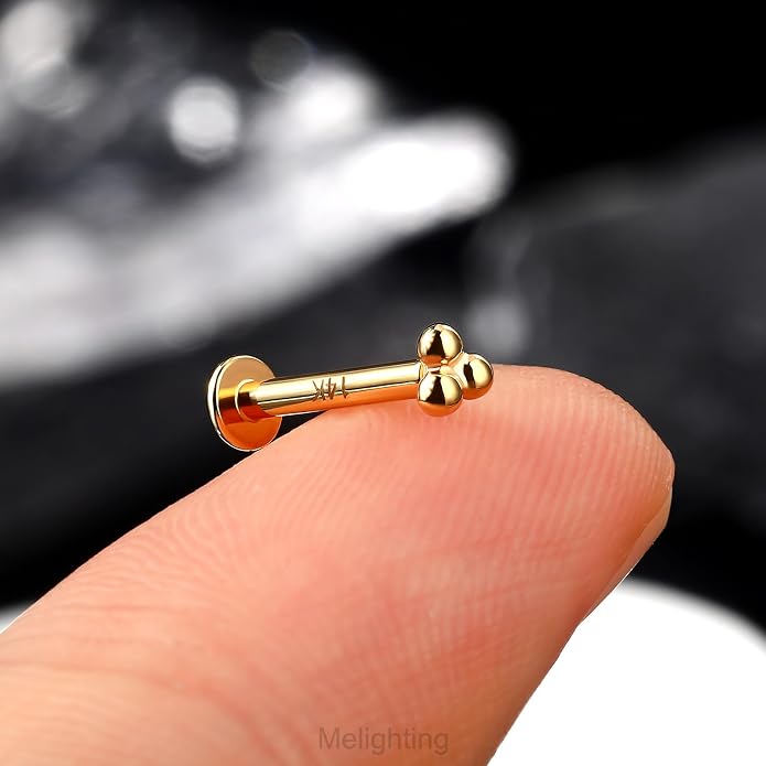 Melighting 14K Solid Gold Cartilage Earring - Internally Threaded 16G Flat Back Stud Earring - Gold Helix Piercing Jewelry - 8mm