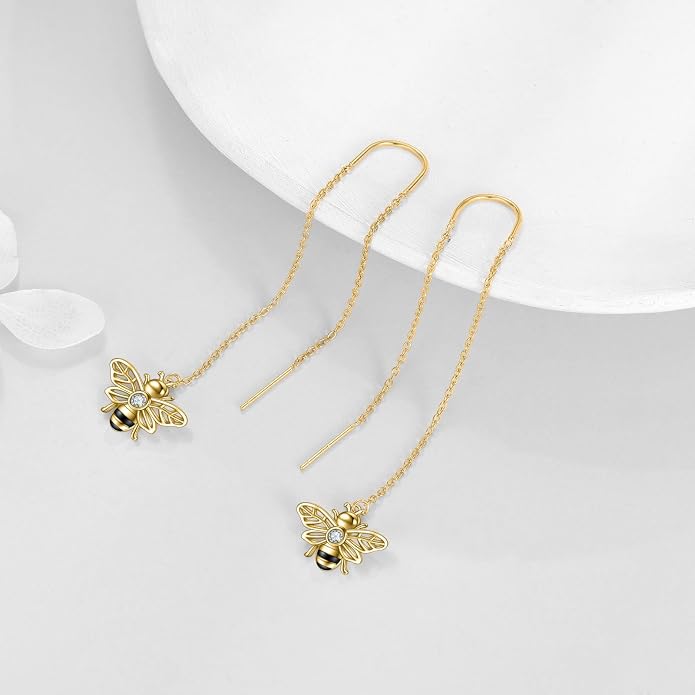 Sterling Silver 18K Gold Plated Bee Threader Dangle Earrings - Bumble Bee Pull Through Chain Jewelry Gifts for Women